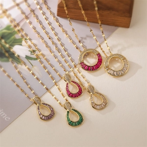 Copper Zircon Pendant Necklace Gold Plated Water Drop Circular Fashion Jewelry For Women