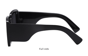 Detailed side view of oversized square sunglasses featuring wide minimalist temples