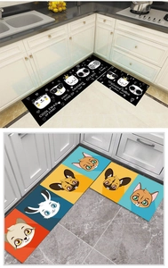 Detail of waterproof kitchen mat set with cute cartoon cat and dog pattern design