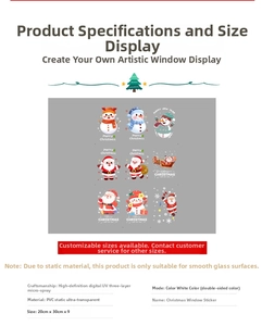 Detailed specs of Santa and Snowman window stickers, 9 sheets of 20x30cm PVC decals