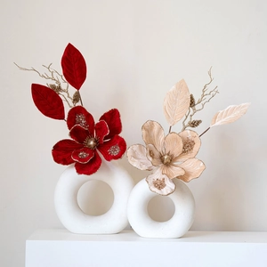 Luxury artificial magnolia set with gold-rimmed petals in white ceramic hollow vases