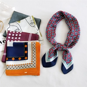 Fashionable 70cm silk satin square scarves featuring diverse geometric and artistic prints