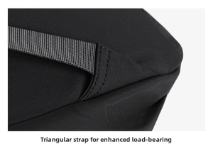 Detail of triangle reinforced shoulder strap for increased load capacity on black backpack
