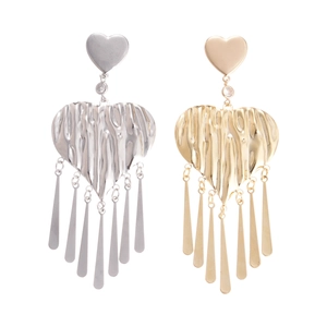 Modern metallic textured heart earrings with long fringe tassels in gold and silver