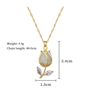 Detailed specs of tulip pendant necklace with 40+5cm chain and cubic zirconia leaves