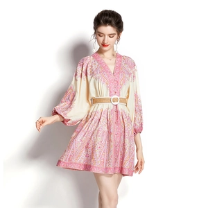 Pink paisley V-neck mini dress with lantern sleeves and a woven buckle belt