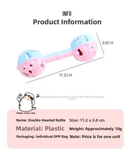 Detail view of pink and blue macaron double-headed baby rattle with size and weight specs