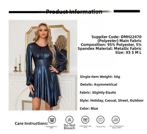 Detail of metallic blue ruched dress fabric composition with 95% polyester and 5% spandex