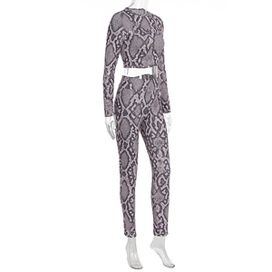 Detailed side view of snakeskin print crop top and high waist leggings set on mannequin