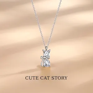 999 Fine Silver Cute Cat Pendant Necklace For Women Zirconia Inlaid Animal Design Dainty Jewelry Gift Necklace
