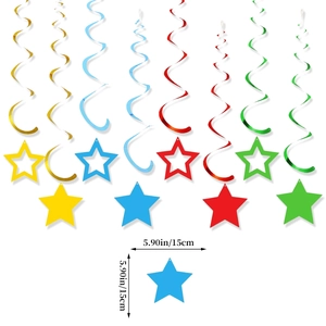 Colorful party decoration set with spiral swirls and hollow stars in gold, blue, red, green