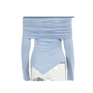 Detail of light blue off-shoulder bodysuit featuring pleated texture and asymmetric hem
