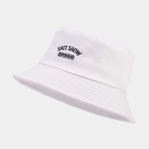 White bucket hat with black SHITSHOW embroidery, casual cotton sun cap for men and women