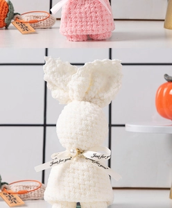 Detail of coral fleece rabbit towels with white pearls and Just for you silk ribbons