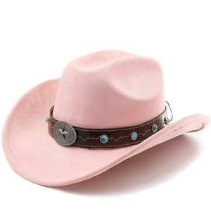Chapeau de cowboy en daim rose avec bandeau en cuir marron et boucle en métal étoile argentée