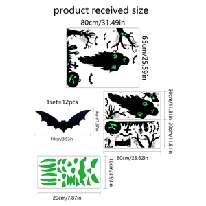 Luminous Halloween wall sticker set with glowing bats and ghosts size specifications