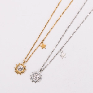 Sun And Star Pendant Necklace 304 Stainless Steel 18K Gold Plated Rhinestone Inlay Dainty Minimalist Jewelry For Women