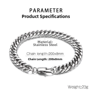 Detail of 8mm silver stainless steel Cuban link chain with lobster clasp and parameters