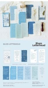 Detail view of vintage blue aesthetic scrapbooking paper set with calligraphy and textures
