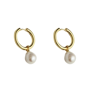 Minimalist gold-plated stainless steel hoop earrings with elegant white teardrop pearls