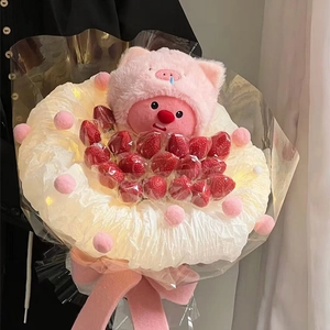 Pink Loopy plush doll bouquet with fresh strawberries in white cloud wrap and pink bow
