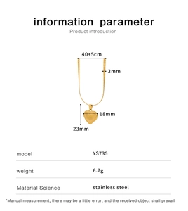 Detailed size specifications of the golden stainless steel heart pendant necklace