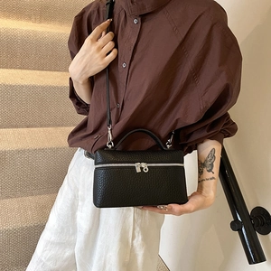 Litchi texture black box handbag for women with silver zippers and top handle