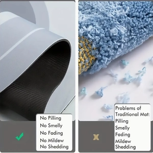 Comparison showing non-shedding smooth microfiber mat vs. old pilling carpet texture