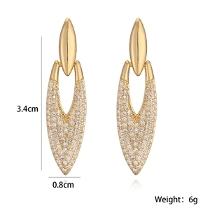 Detailed view of 18K gold plated drop earrings with 3.4cm height and 0.8cm width specs