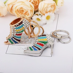 Sparkly rhinestone high heel keychain with colorful stripes for handbags and car accessories