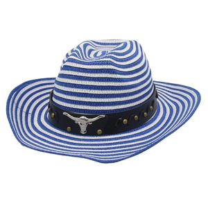 Chapeau de cowboy en paille à rayures bleues et blanches avec tête de taureau en métal