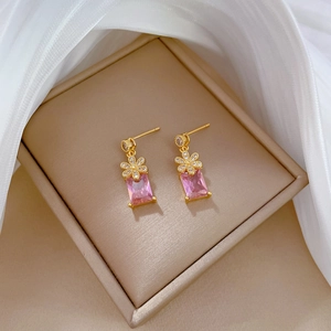 Elegant titanium steel floral earring set with pink rectangular gemstone and zircons