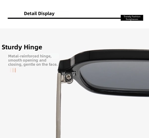 Detailed macro view of reinforced metal hinges on square frame sunglasses for durability