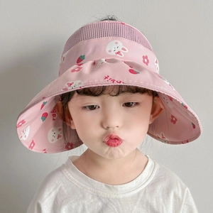 Pink breathable mesh sun hat for kids featuring cute rabbit and strawberry prints