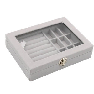 Light gray velvet jewelry box with glass lid for rings and earrings storage