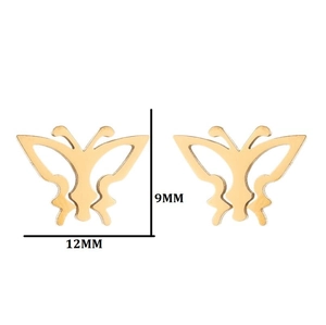 Detail view of hollow butterfly studs in gold finish with 12mm by 9mm dimensions
