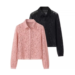 Women Sexy Lace Blouse Sheer Floral Long Sleeve Turn-down Collar Single Breasted Shirt Elegant Top