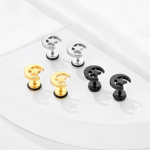 Minimalist moon and star stainless steel stud earrings in silver gold and black finishes