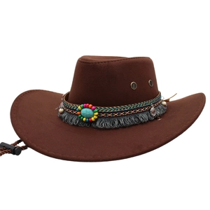Brown wide-brim cowboy hat with ethnic beads, turquoise stone and adjustable chin strap