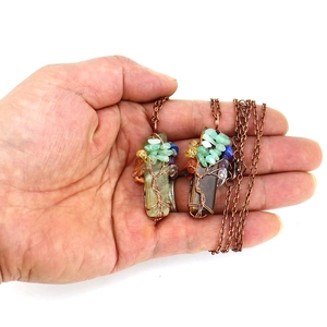 Natural stone tree of life pendants in tiger eye and fluorite with bronze chains