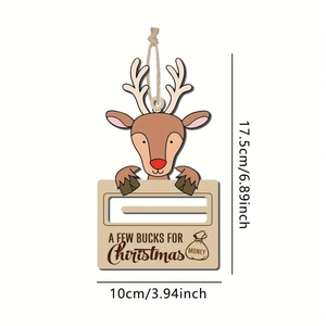 Detailed view of wooden reindeer Christmas money holder with size markings 17.5cm by 10cm