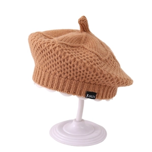 Knitted khaki beret hat with lotus leaf shape and brand label for autumn winter wear