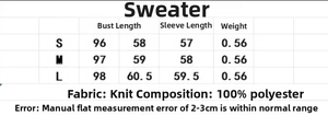 Size guide for off-shoulder knitted sweater with 100% polyester fabric details and measurements