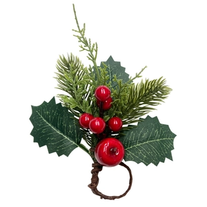 Christmas napkin ring with red berries, pine needles and green leaves on brown vine loop