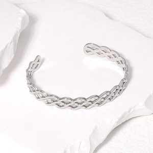 Minimalist wide woven hollow pattern stainless steel open bangle for women in silver color