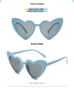 Front and side views of heart-shaped blue frame sunglasses with dark grey lenses