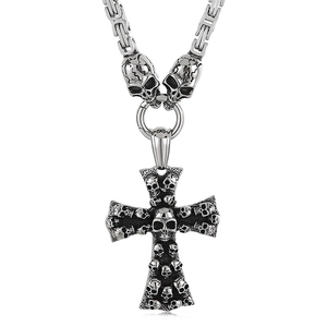 Men's gothic stainless steel cross pendant necklace with detailed skull motif in silver