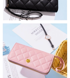 Quilted leather wristlet wallets with flower logo in pink and black colors