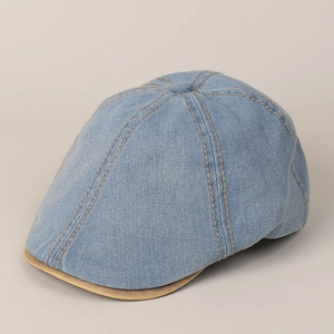 Classic light blue denim ivy cap with contrast yellow stitching and flat brim design