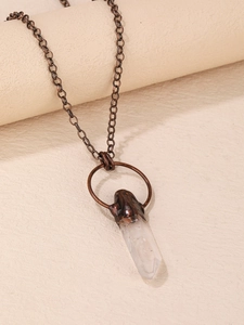 Vintage natural white crystal hexagonal column pendant necklace with bronze alloy chain
